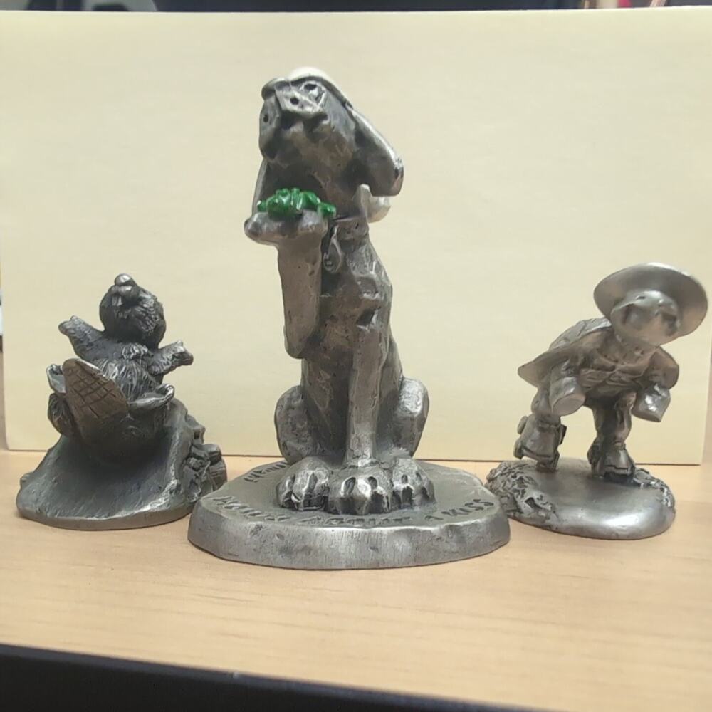 Hallmark Little Gallery Pewter Beaver Sliding, Dog Kiss, Turtle Skates Lot 2-3"